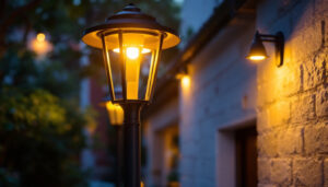 A photograph of a beautifully illuminated outdoor led lamp post in a residential or commercial setting