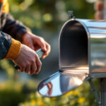 A photograph of a lighting contractor installing a mailbox reflector in an outdoor setting