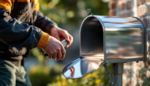 A photograph of a lighting contractor installing a mailbox reflector in an outdoor setting