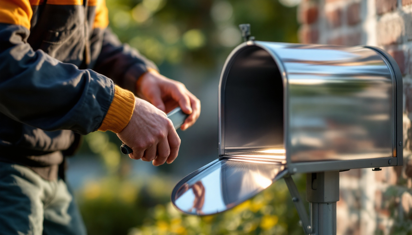 A photograph of a lighting contractor installing a mailbox reflector in an outdoor setting