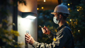 A photograph of a lighting contractor installing a light sensor in an outdoor setting