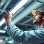A photograph of a lighting contractor installing t8 led tubes in a commercial setting