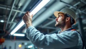 A photograph of a lighting contractor installing t8 led tubes in a commercial setting