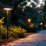 A photograph of a beautifully designed solar outdoor light post illuminating a garden pathway during dusk