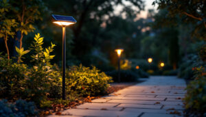 A photograph of a beautifully designed solar outdoor light post illuminating a garden pathway during dusk