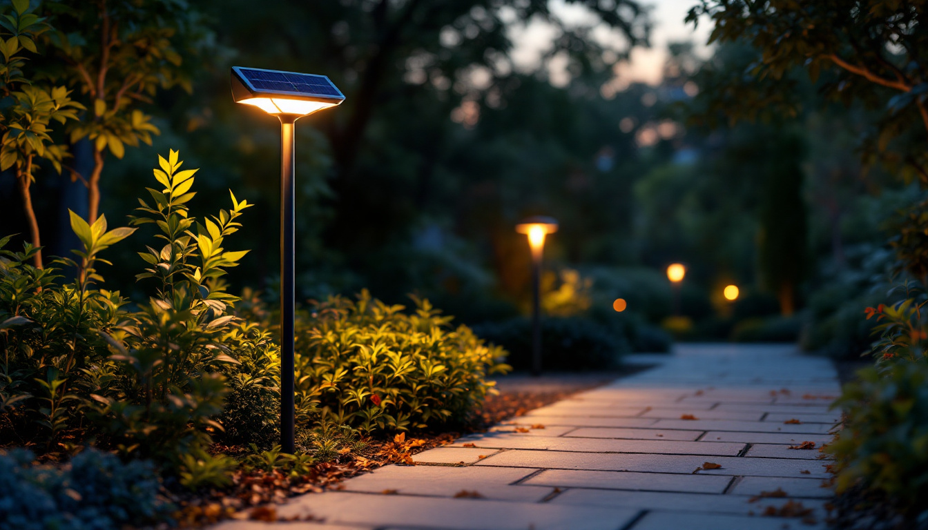 A photograph of a beautifully designed solar outdoor light post illuminating a garden pathway during dusk