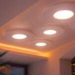 A photograph of a beautifully lit interior space showcasing six modern led pot lights installed in the ceiling