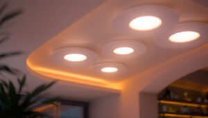 A photograph of a beautifully lit interior space showcasing six modern led pot lights installed in the ceiling
