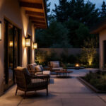 A photograph of a beautifully illuminated outdoor space featuring stylish solar sconces mounted on walls