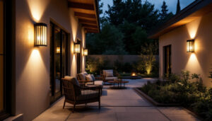 A photograph of a beautifully illuminated outdoor space featuring stylish solar sconces mounted on walls