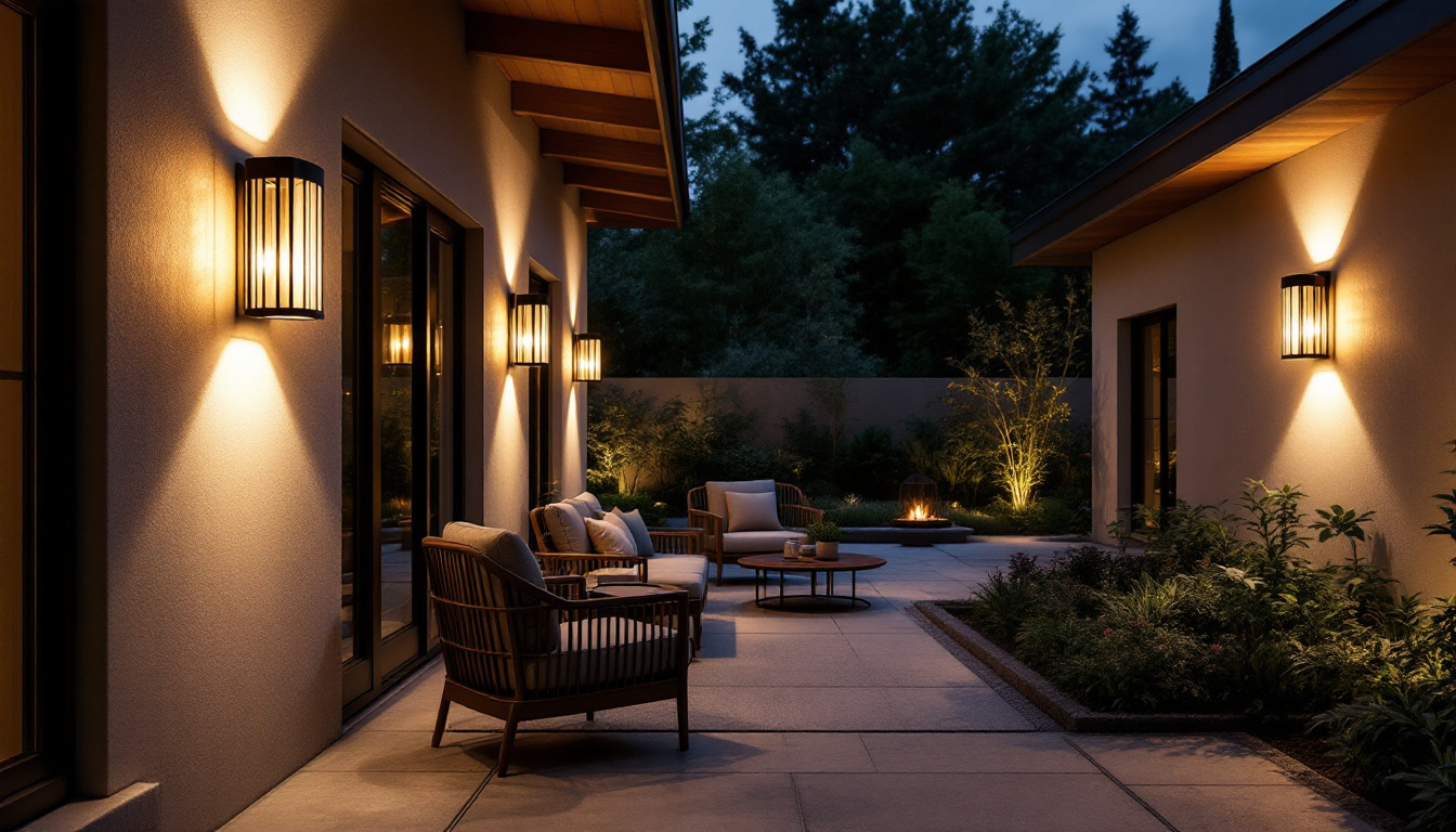 A photograph of a beautifully illuminated outdoor space featuring stylish solar sconces mounted on walls