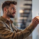 A photograph of a lighting contractor installing a dimmer switch in a modern home