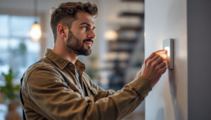 A photograph of a lighting contractor installing a dimmer switch in a modern home
