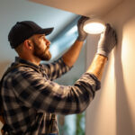 A photograph of a lighting contractor skillfully installing recessed lighting in a modern home interior