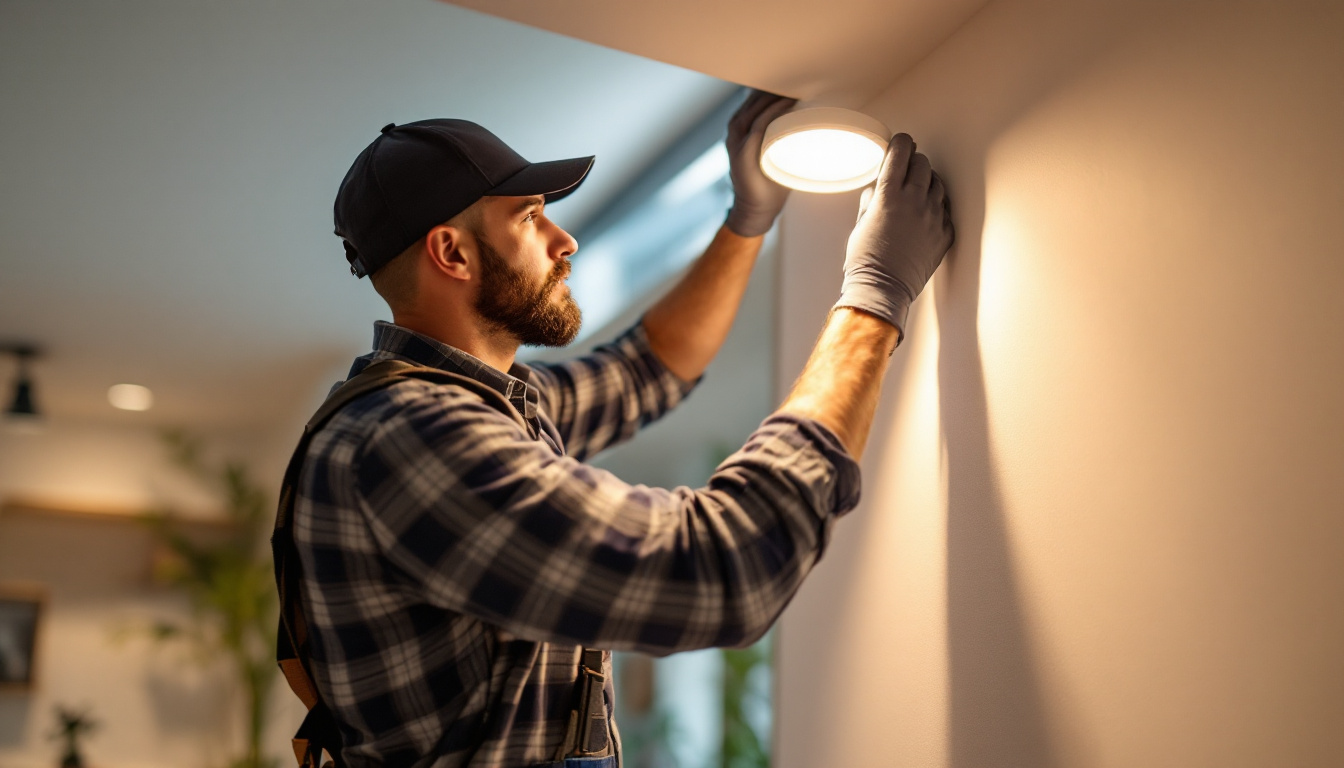 A photograph of a lighting contractor skillfully installing recessed lighting in a modern home interior