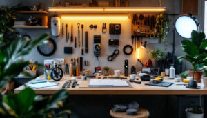 A photograph of a well-organized workspace featuring a variety of led strip kits