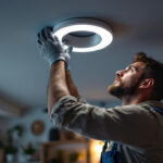 A photograph of a lighting contractor expertly installing led lights in a ceiling can