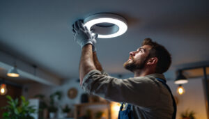 A photograph of a lighting contractor expertly installing led lights in a ceiling can