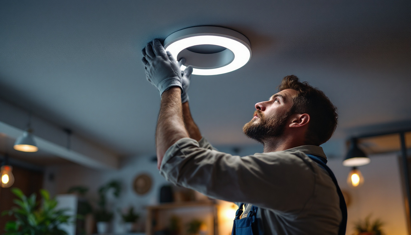 A photograph of a lighting contractor expertly installing led lights in a ceiling can