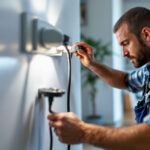 A photograph of a skilled lighting contractor working with 120-volt plugs in a residential setting