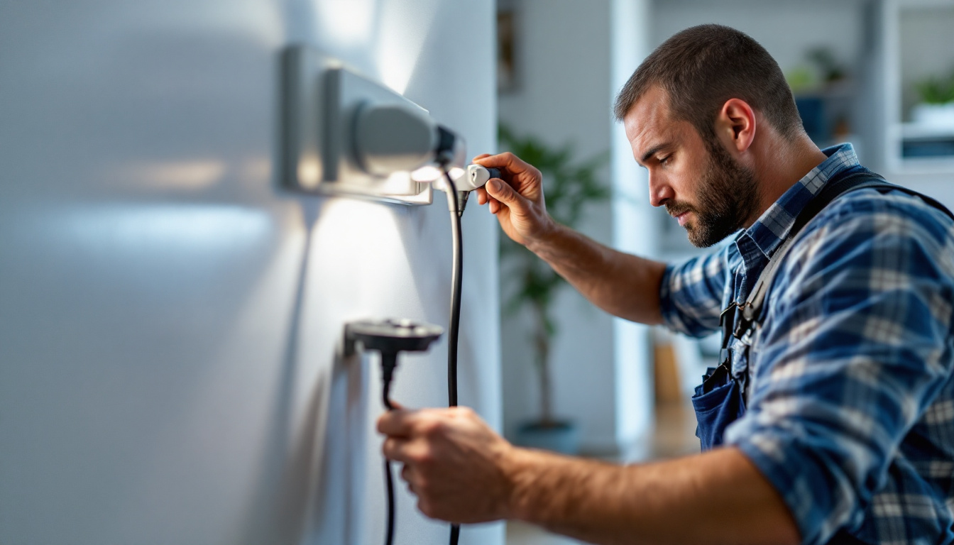 A photograph of a skilled lighting contractor working with 120-volt plugs in a residential setting