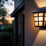 A photograph of a beautifully designed solar outdoor wall lantern mounted on a stylish exterior wall