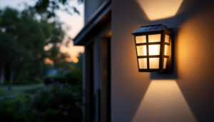 A photograph of a beautifully designed solar outdoor wall lantern mounted on a stylish exterior wall