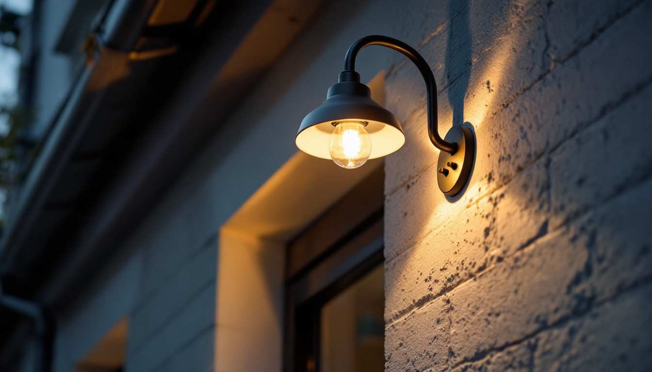 A photograph of a lighting contractor skillfully installing a stylish light gooseneck fixture on a building exterior