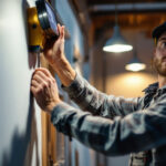 A photograph of a skilled lighting contractor expertly installing solar-powered lighting in a residential or commercial setting