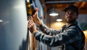 A photograph of a skilled lighting contractor expertly installing solar-powered lighting in a residential or commercial setting