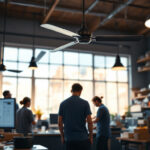 A photograph of a well-lit shop interior featuring ceiling fans in action