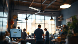 A photograph of a well-lit shop interior featuring ceiling fans in action