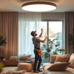 A photograph of a lighting contractor installing modern