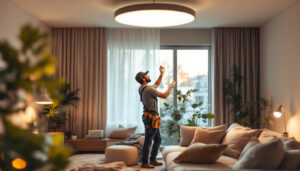 A photograph of a lighting contractor installing modern