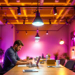 A photograph of a modern workspace featuring sleek contemporary track lighting installations