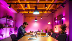 A photograph of a modern workspace featuring sleek contemporary track lighting installations