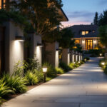 A photograph of a well-lit outdoor space featuring various models of led security lights installed in a residential setting