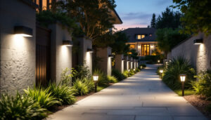 A photograph of a well-lit outdoor space featuring various models of led security lights installed in a residential setting