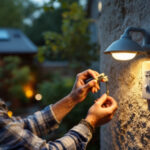A photograph of a lighting contractor installing a solar light with a switch in a residential backyard