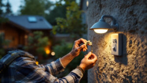 A photograph of a lighting contractor installing a solar light with a switch in a residential backyard