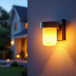 A photograph of a beautifully illuminated outdoor solar wall sconce mounted on a stylish home exterior at dusk