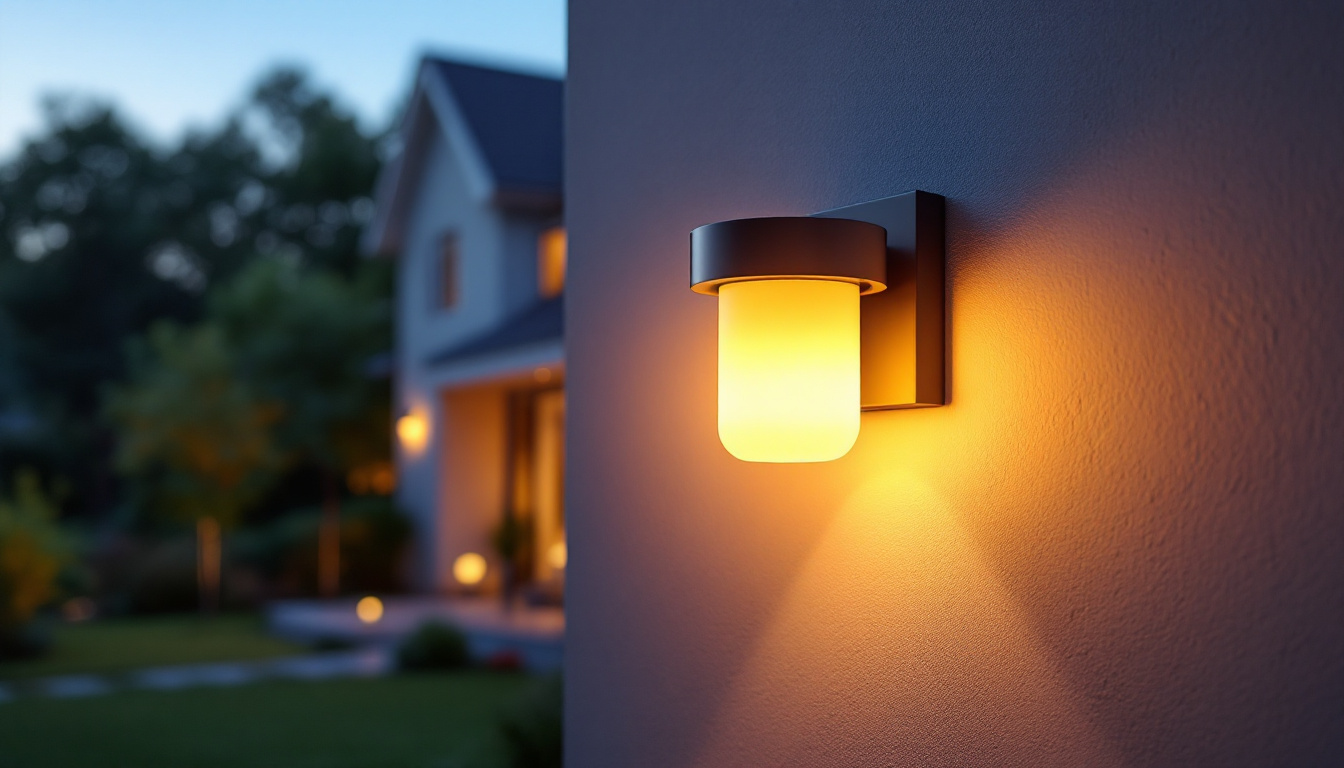 A photograph of a beautifully illuminated outdoor solar wall sconce mounted on a stylish home exterior at dusk