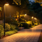 A photograph of a well-lit residential area showcasing a sturdy light pole illuminating a pathway