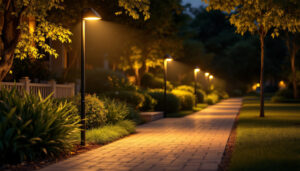 A photograph of a well-lit residential area showcasing a sturdy light pole illuminating a pathway