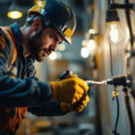 A photograph of a lighting contractor using cord wire in a dynamic work environment