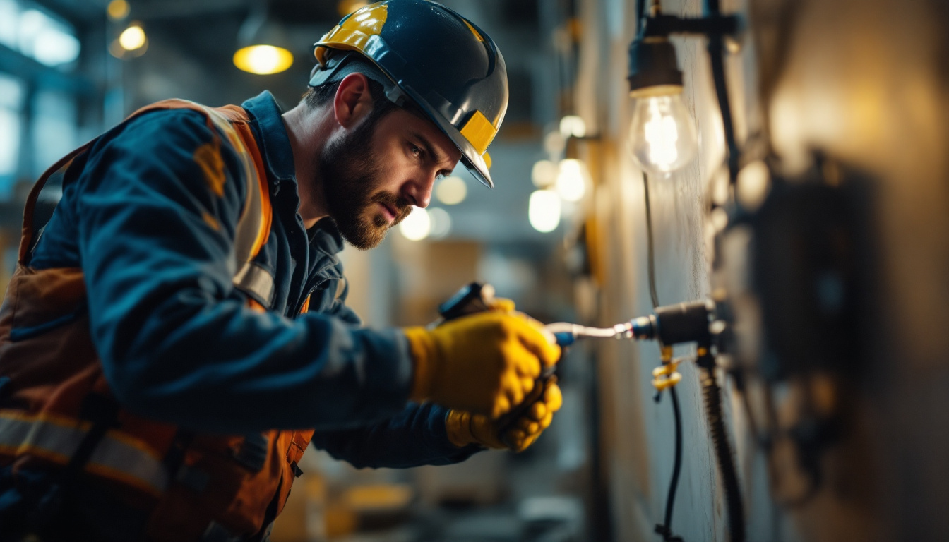 A photograph of a lighting contractor using cord wire in a dynamic work environment