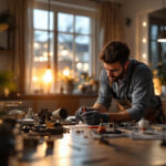 A photograph of a skilled lighting contractor inspecting a well-lit residential space