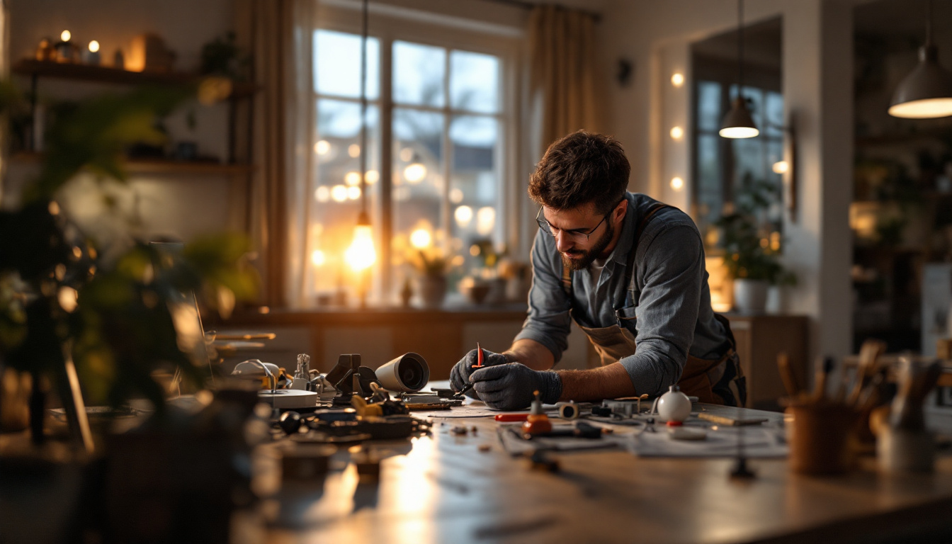 A photograph of a skilled lighting contractor inspecting a well-lit residential space