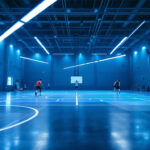 A photograph of a modern gymnasium with innovative lighting solutions in action