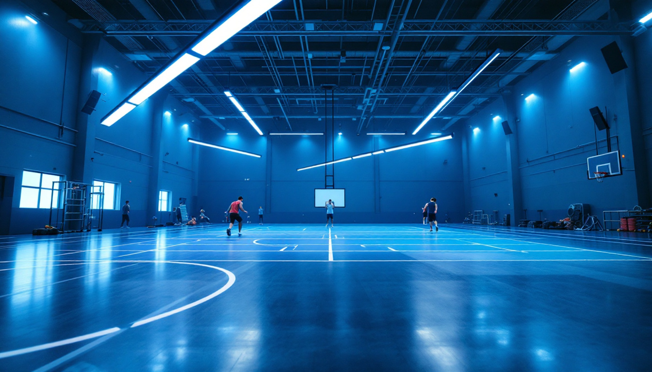 A photograph of a modern gymnasium with innovative lighting solutions in action